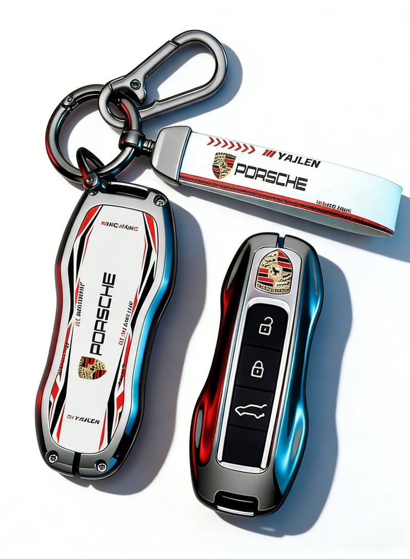 ماك جاباجز Suitable for Porsche Racing Style Metal Key Fob Case with Matching Keychain – White & Red (Please purchase according to your own key style) - Image 4